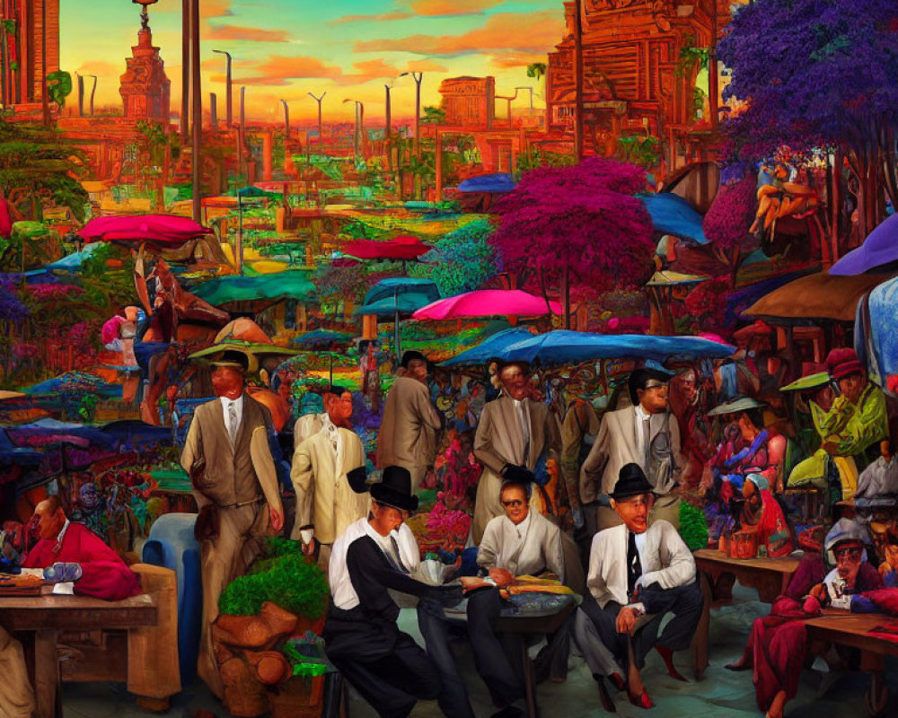 Colorful market scene with diverse people and futuristic cityscape.