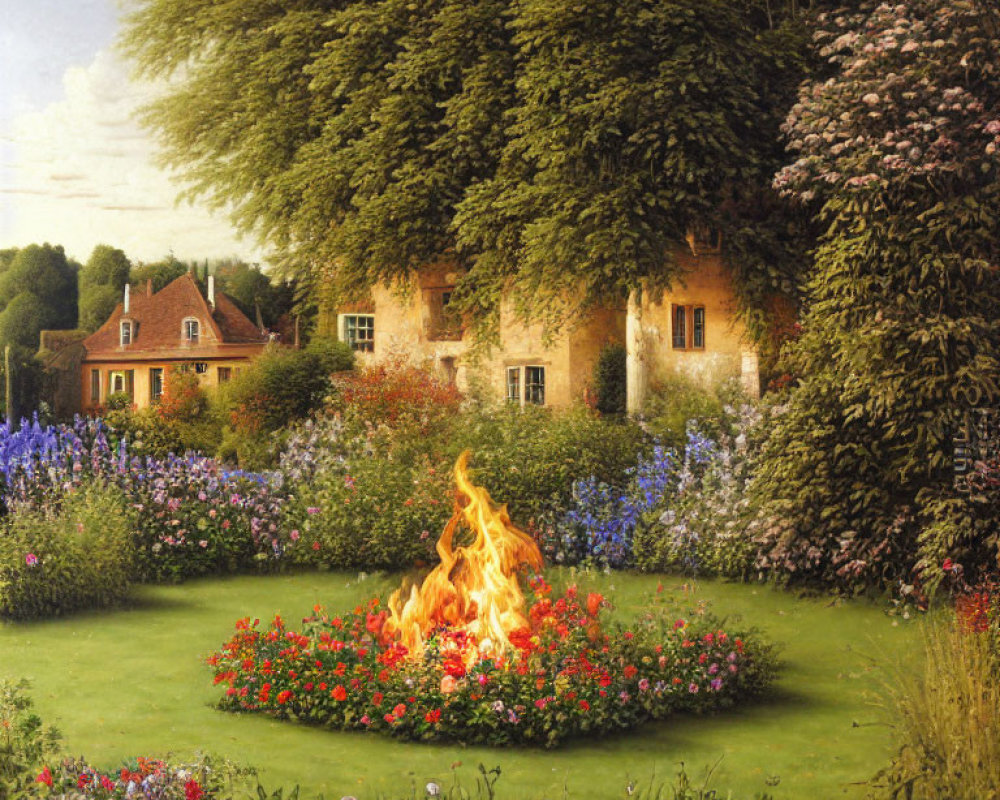 Tranquil painting of a cozy house with lush gardens and bonfire in foreground