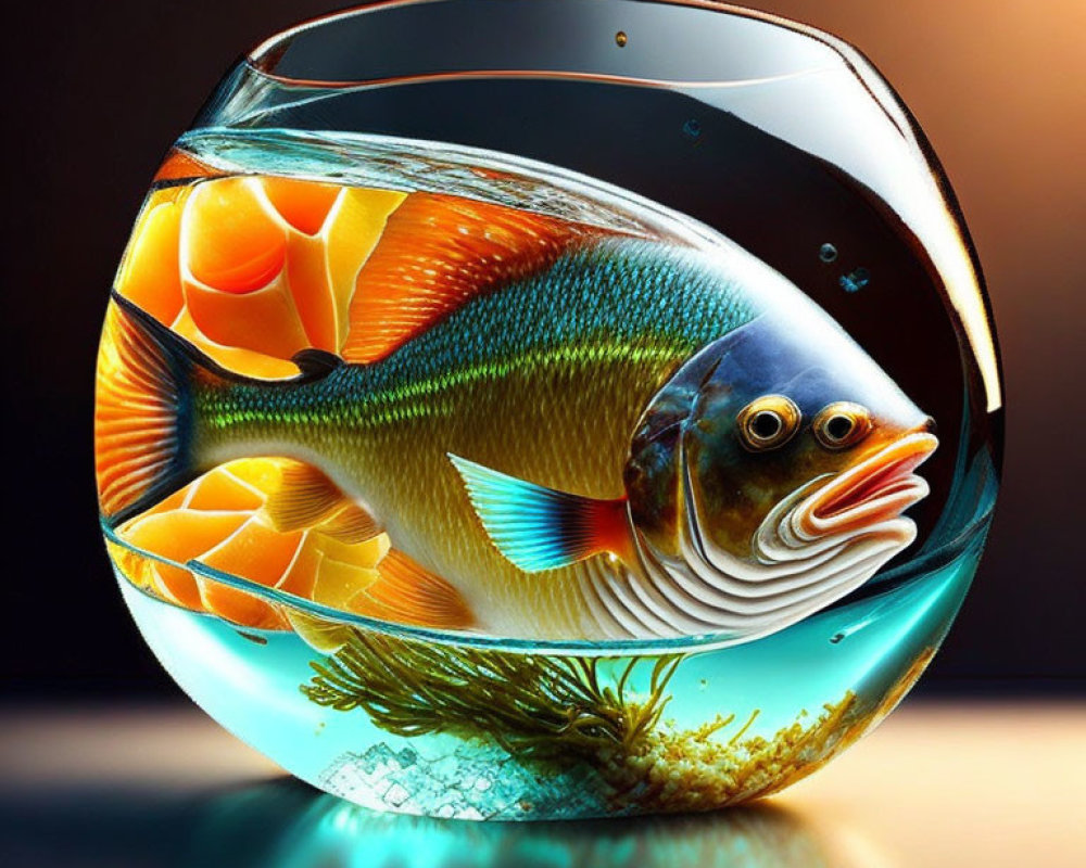 Vivid oversized fish in spherical fishbowl on dark backdrop