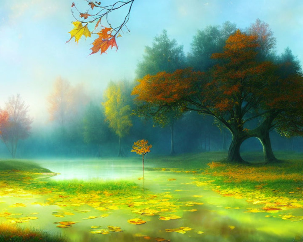 Tranquil autumn lake scene with misty water and golden foliage