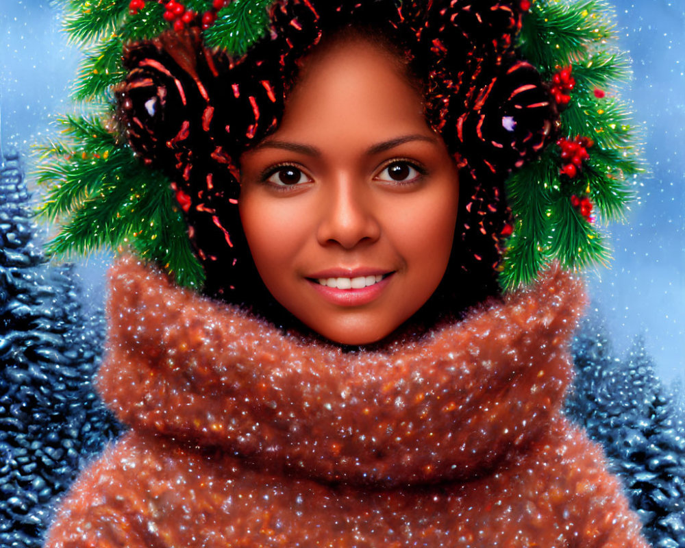 Person in festive wreath and fuzzy garment smiling with snowflakes and evergreens background