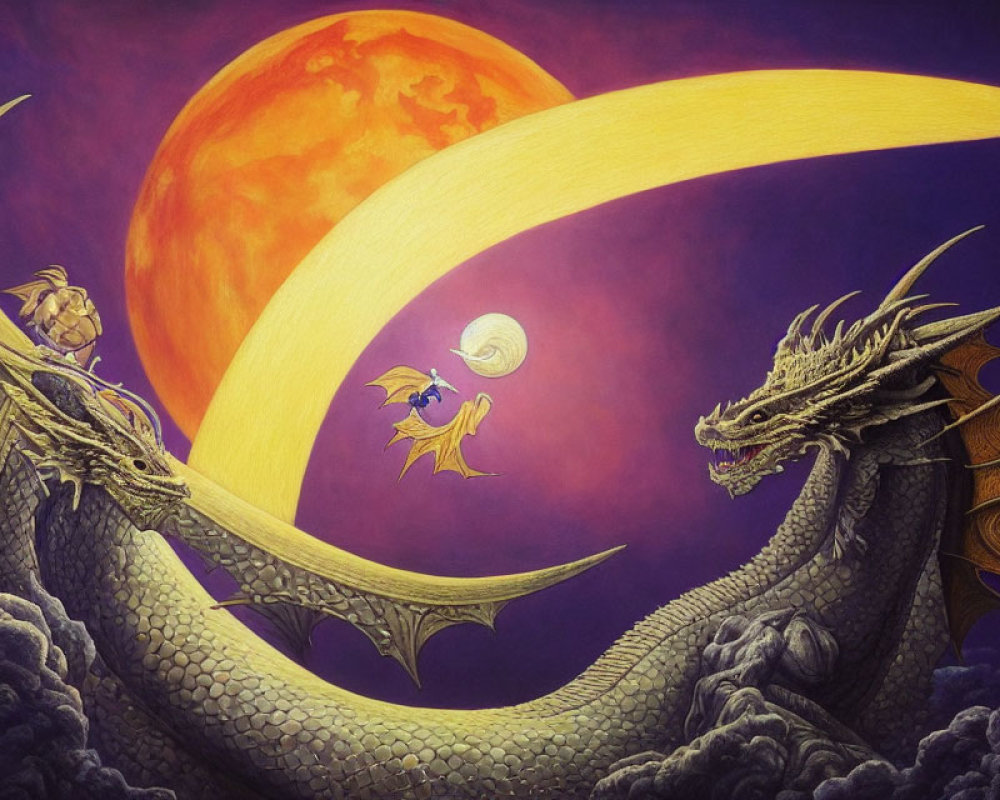 Fantasy art of two dragons with orange planet and crescent moon in purple sky