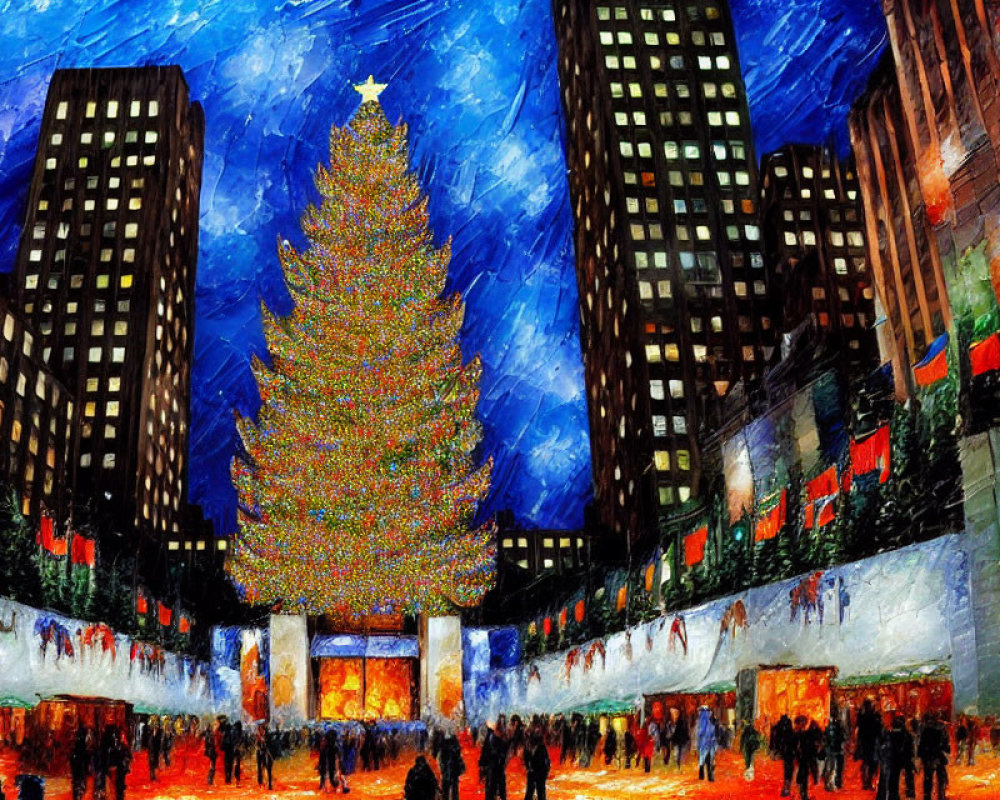 Impressionist-style painting of a festive city square at night