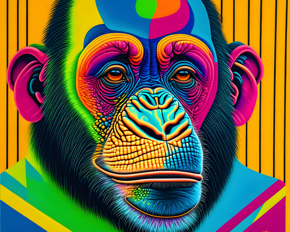 Colorful Pop Art Style Chimpanzee Face Illustration on Yellow Striped Background