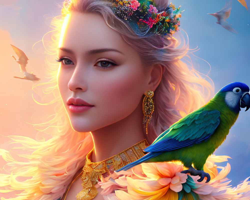 Digital Artwork: Woman with Floral Crown and Blue Parrot, Soft Light Background