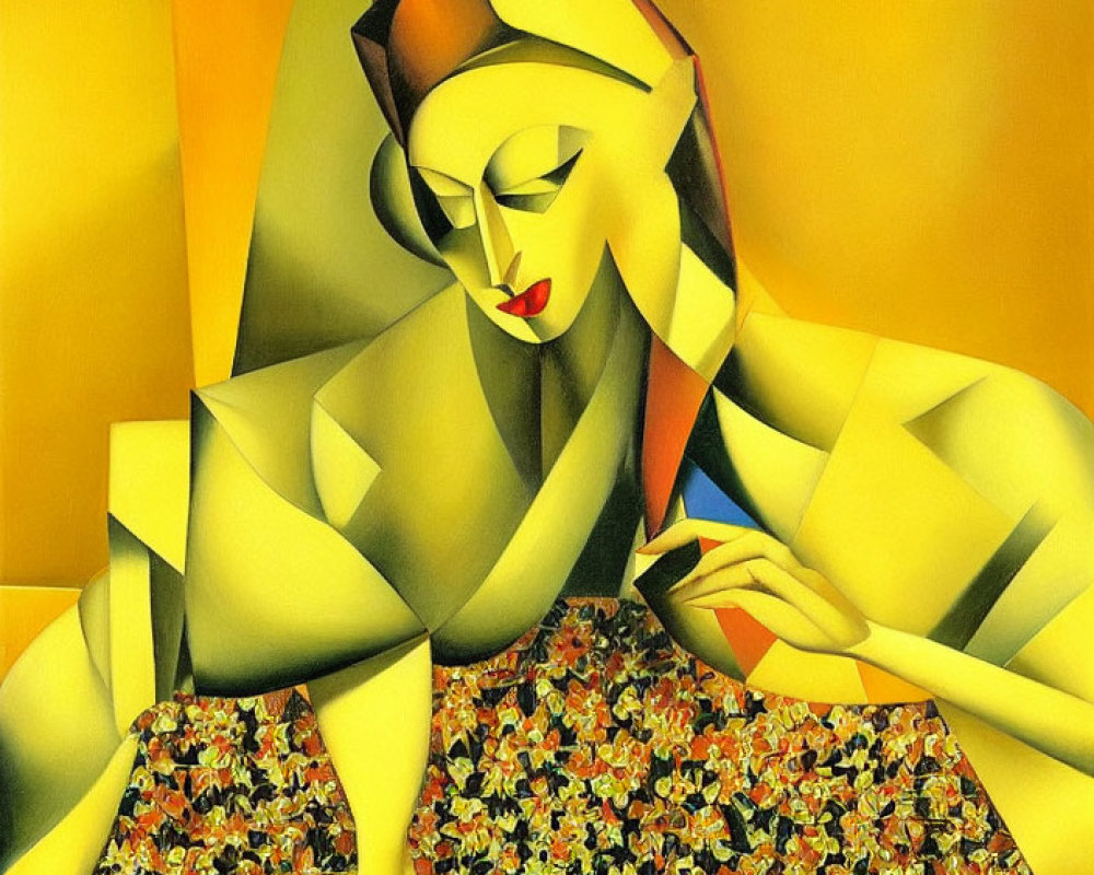 Geometric Cubist painting of a woman in yellow tones with headdress.