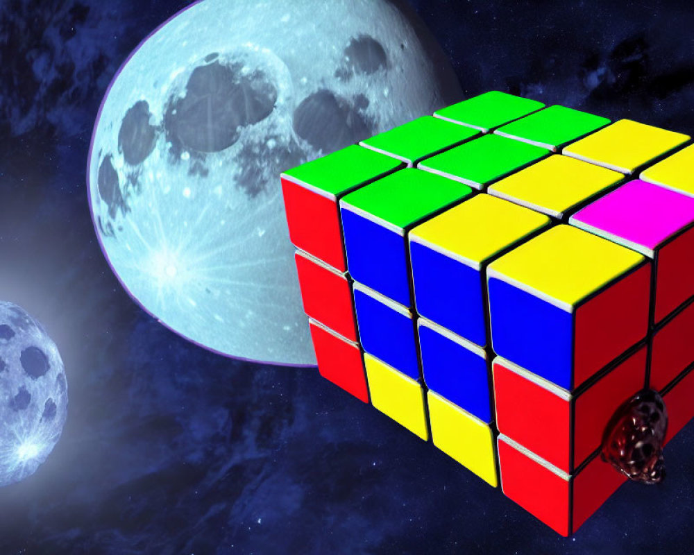 Colorful Rubik's Cube Floating Among Celestial Bodies