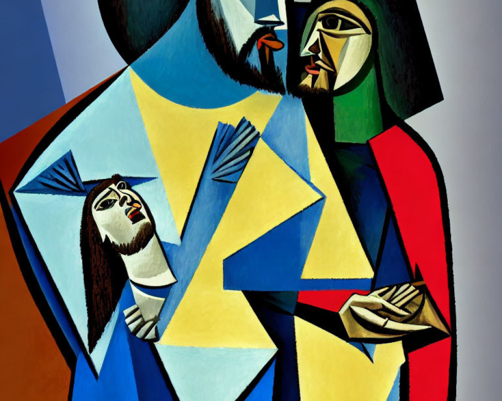 Colorful Cubist Painting Featuring Three Figures in Geometric Shapes