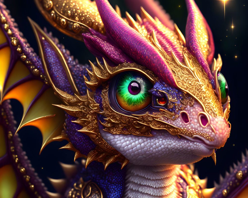 Detailed Dragon Head Illustration with Golden Horns and Green Eyes