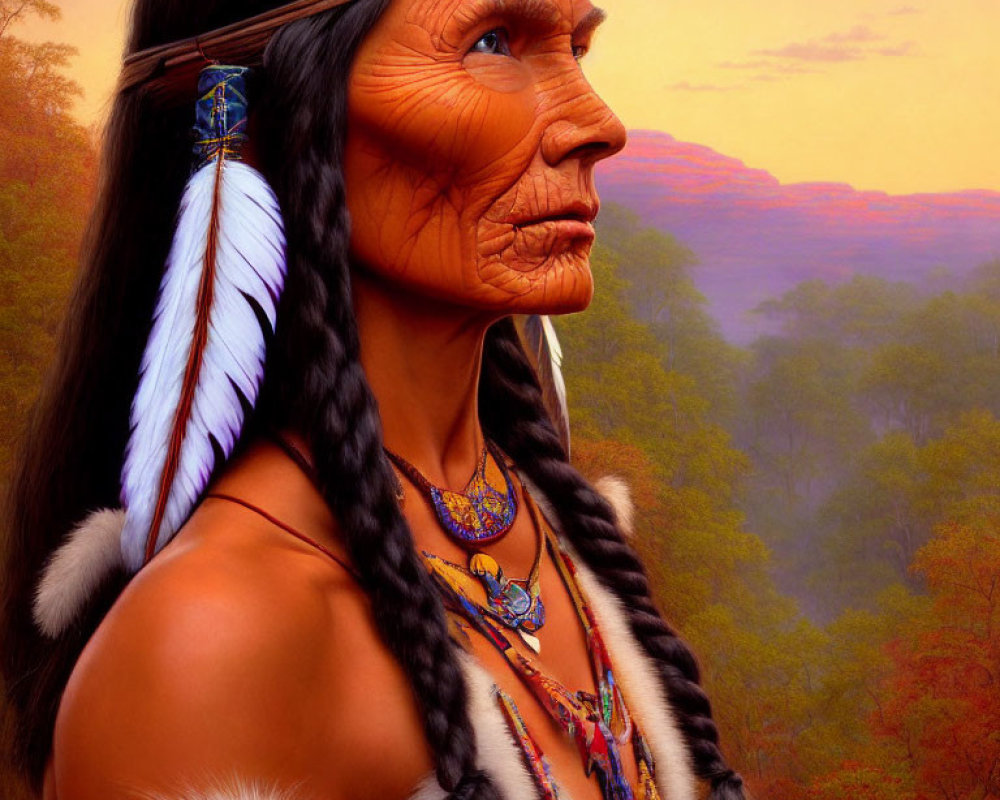 Digital illustration of indigenous person with feathered headdress and sunset landscape