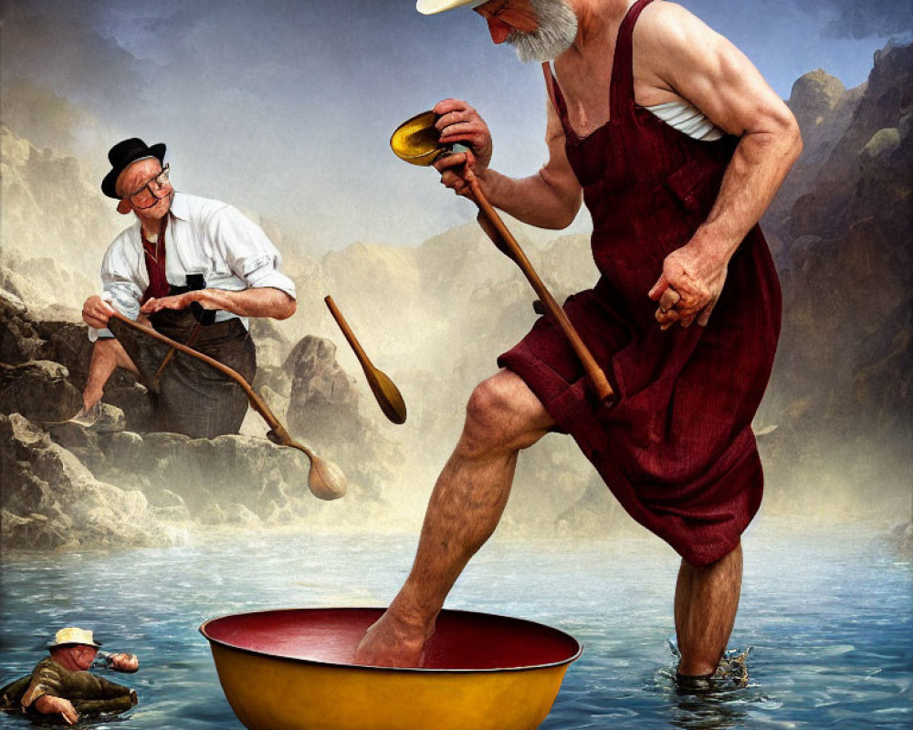 Elderly Men in Surreal Scene with Pans and Water