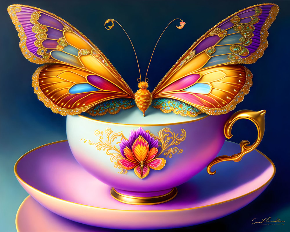 Colorful Butterfly Illustration Perched on Teacup Against Blue Background