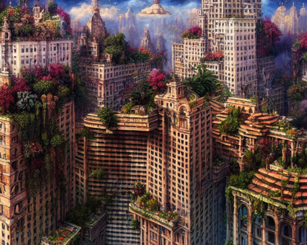 Overgrown vegetation on classical and modern buildings in a fantastical cityscape