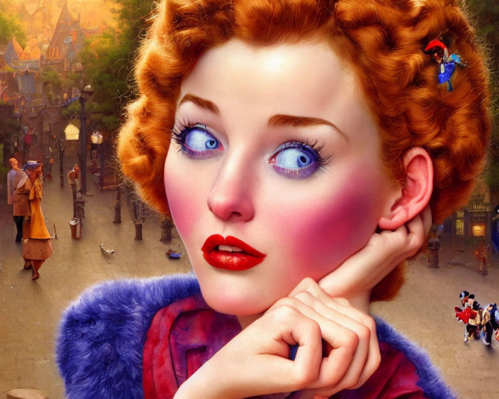 Animated woman with blue eyes and red hair in medieval village setting