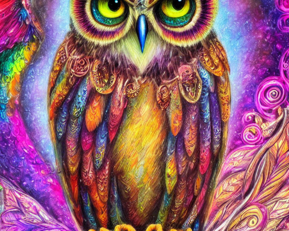 Colorful Owl Illustration with Psychedelic Background