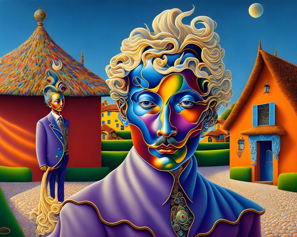 Surrealist painting of blue-faced figure in purple suit among colorful buildings