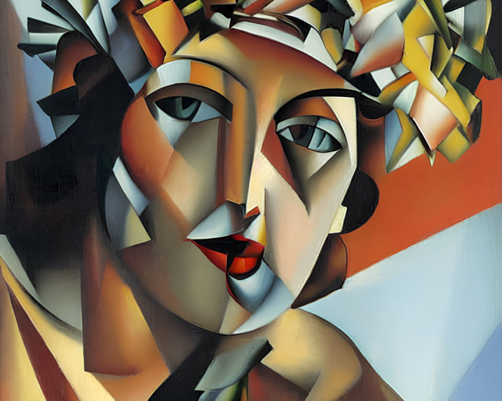 Cubist-style painting of figure with geometric facial features