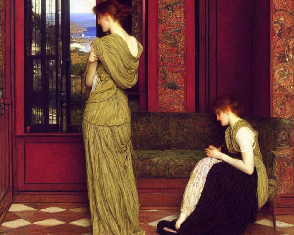 Two women in classical dresses in a richly decorated room with scenic view