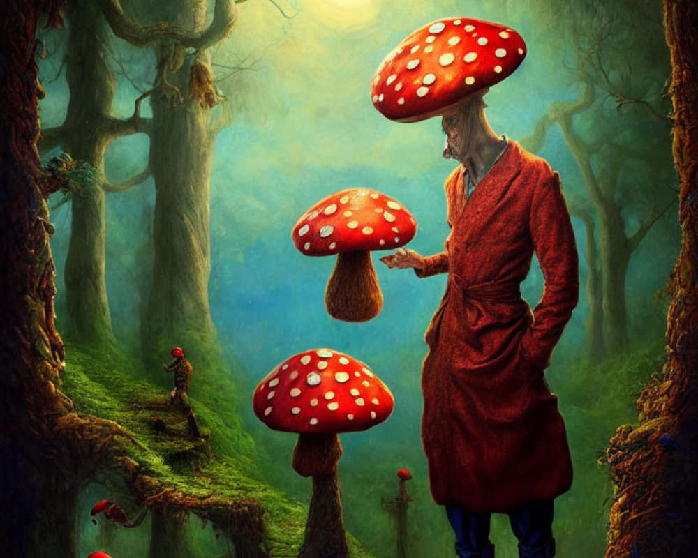 Person in Red Coat in Enchanted Forest with Oversized Mushrooms