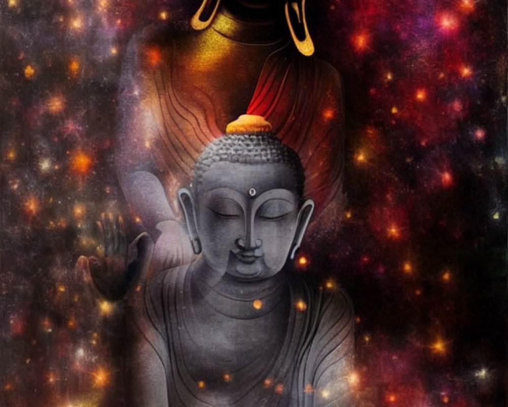 Dual Buddha Figures in Gold and Grey on Cosmic Background