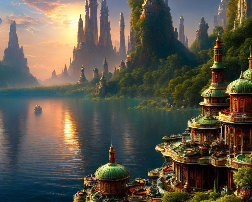 Mystical lake at sunset with ornate buildings and rock formations