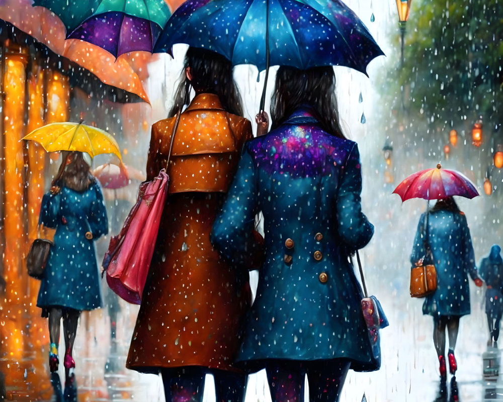 Vibrant rainy street scene with people walking under colorful umbrellas