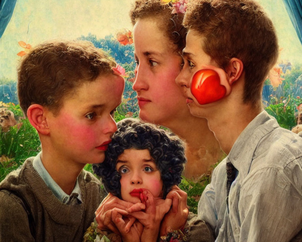 Stylized painting of four children with flowers, depicting various interactions