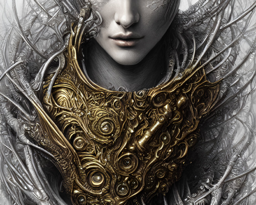 Detailed Illustration: Person in Golden Armor with Ornate Headpiece Amidst Silver Branches