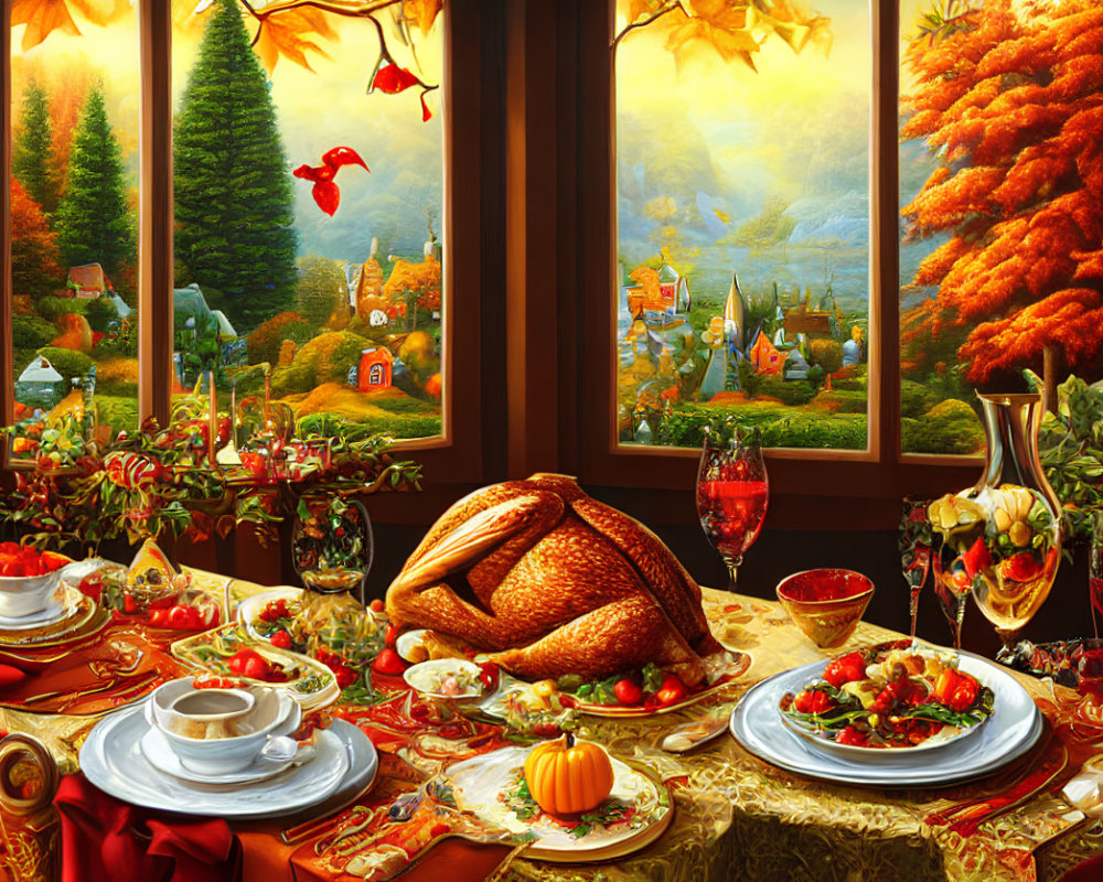 Autumn village backdrop with festive table featuring roasted turkey, wine, and desserts