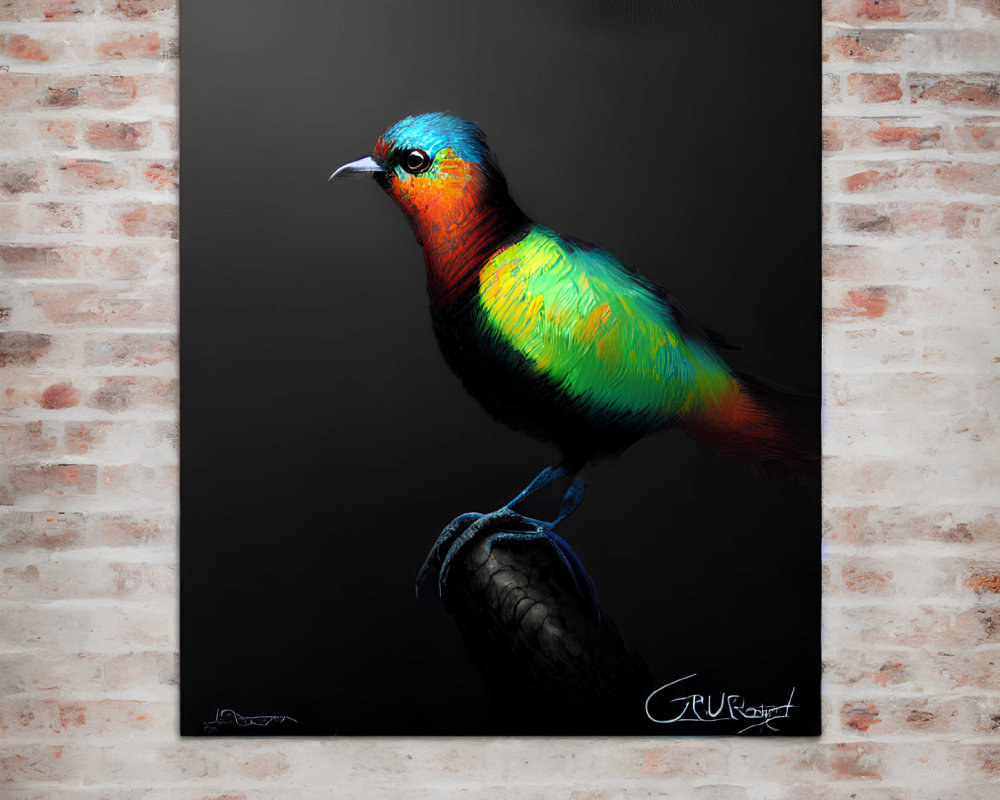 Colorful Bird Painting on Brick Wall with Signature