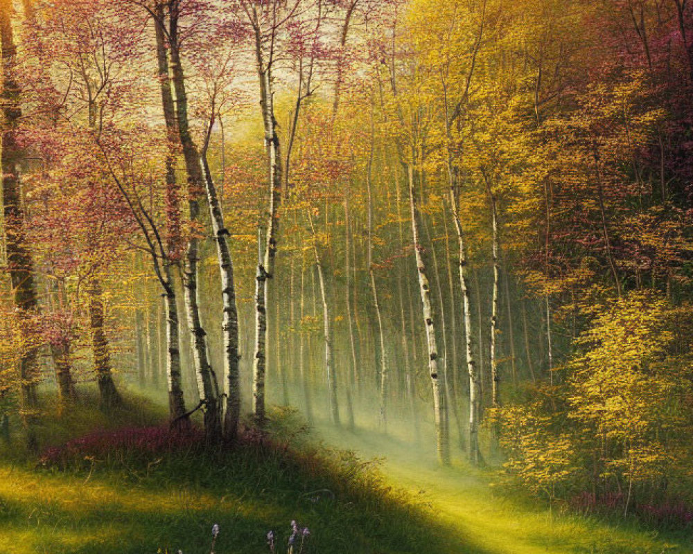 Ethereal forest scene with sunlight, birch trees, flowers, and mist