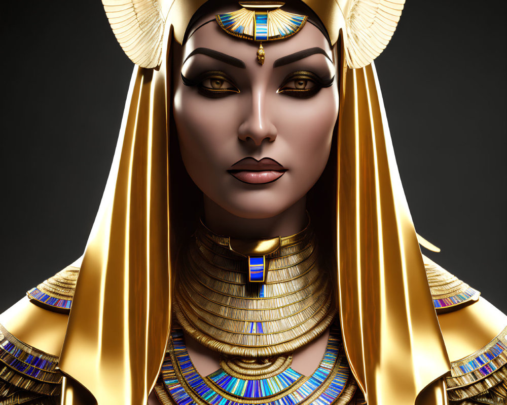 Digital Artwork: Imposing Ancient Egyptian Figure with Golden Headdress