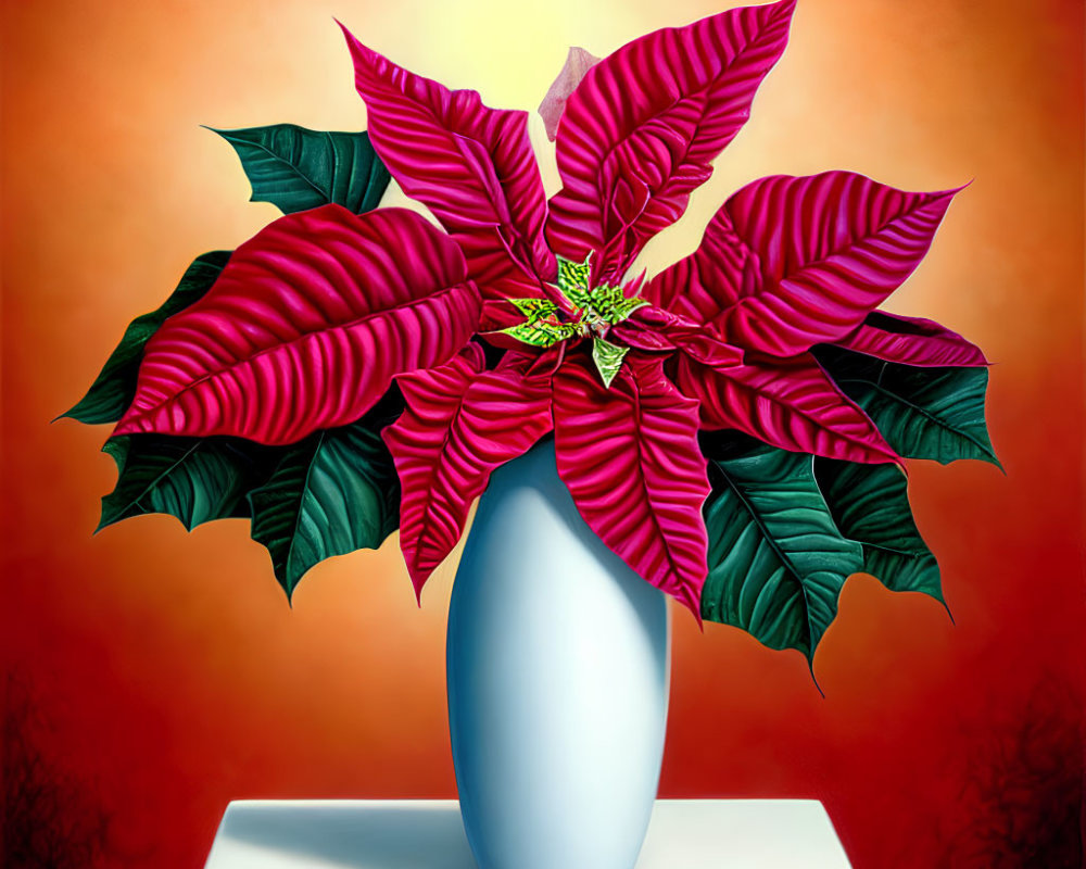 Bright red poinsettia in white vase on pedestal against orange background