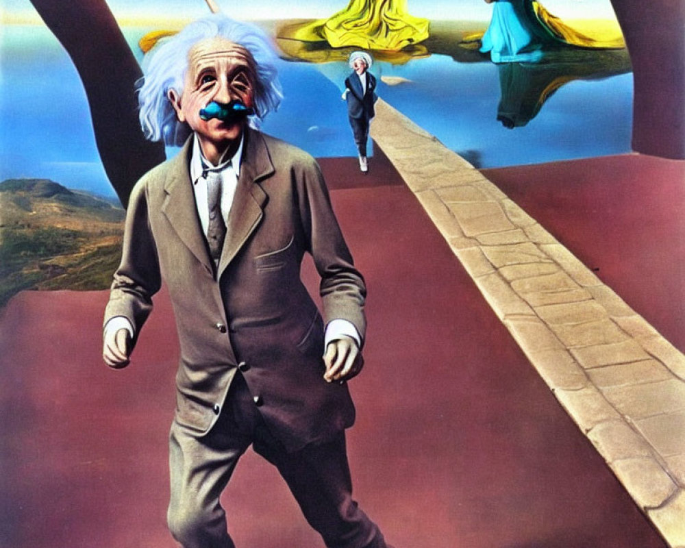 Surreal painting of caricatured Albert Einstein walking