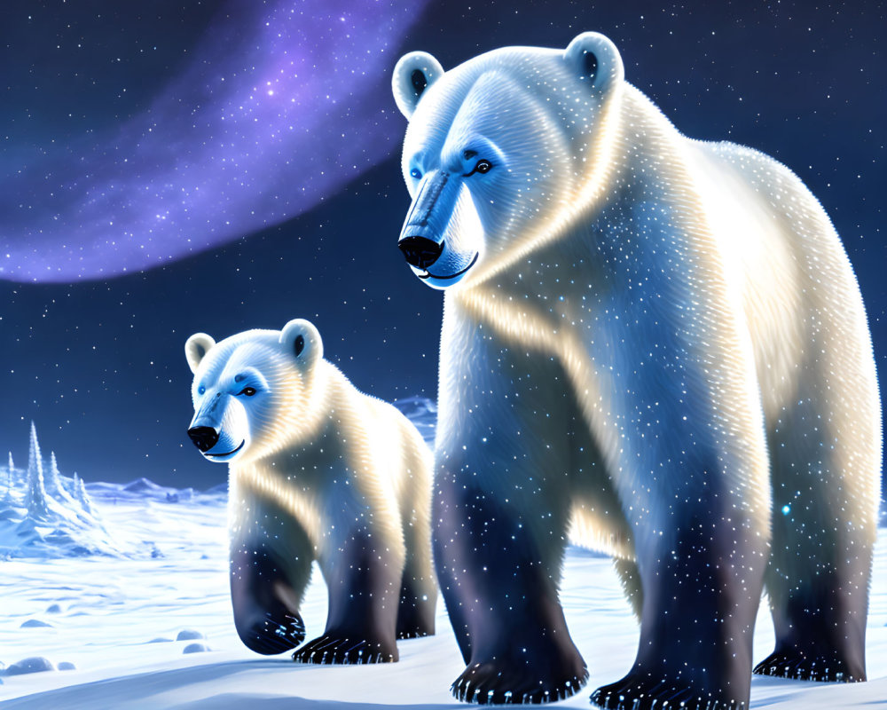 Polar Bear and Cub with Sparkling Texture on Snowy Night Sky