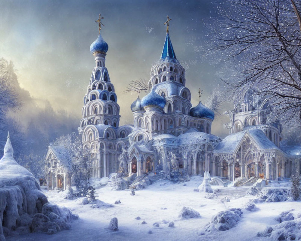 Snow-covered church with blue domes in winter scene