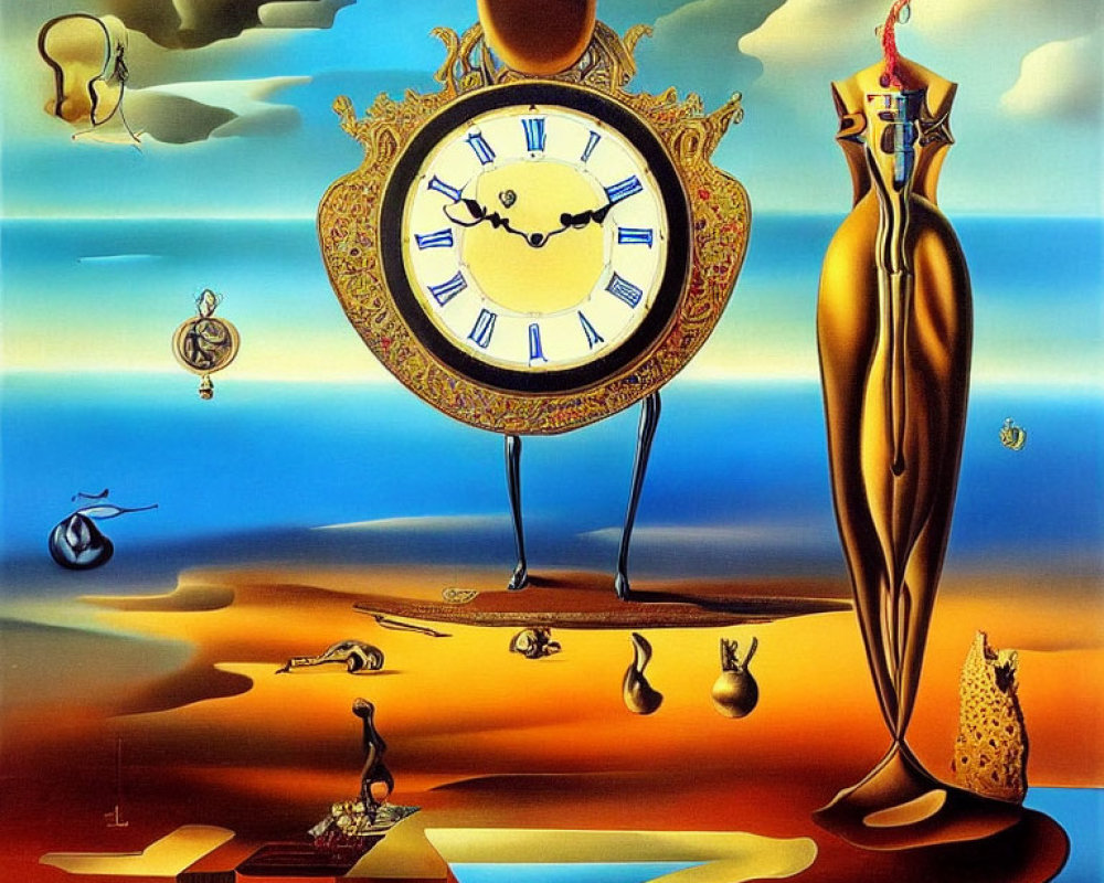 Surrealist painting: melting clocks, distorted face, desert, calm sky, abstract figures