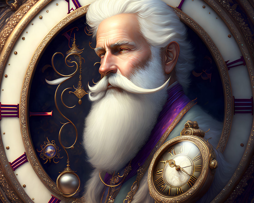 Regal man with white beard in golden clockwork frame