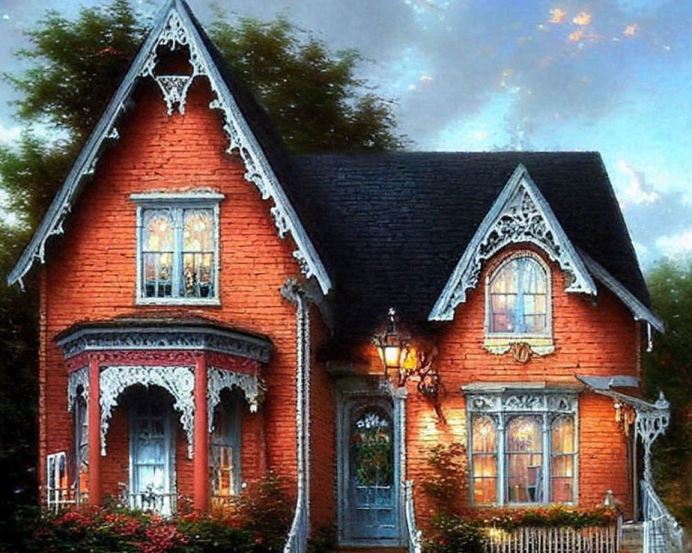 Victorian-style red house with white trim and fence at dusk