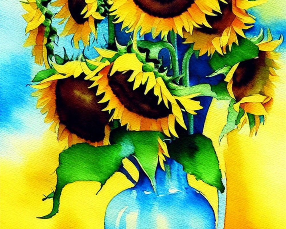 Colorful Watercolor Painting of Sunflowers in Blue Vase