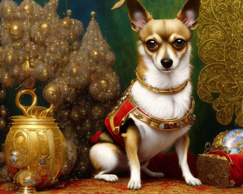 Regal Chihuahua in Golden Collar and Red Cape by Christmas Tree