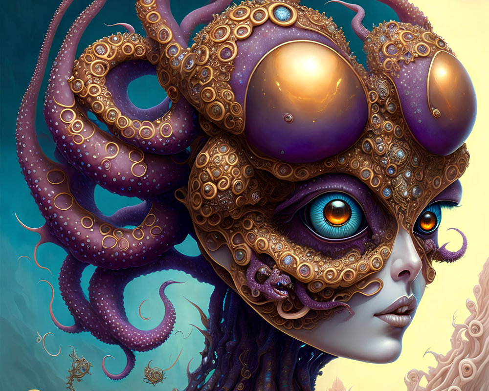 Surreal female figure with octopus-like features in vibrant underwater scene