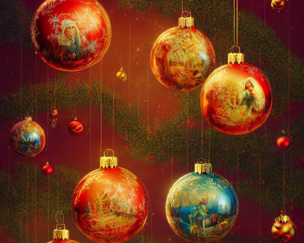 Various Intricate Christmas Ornaments on Red Background