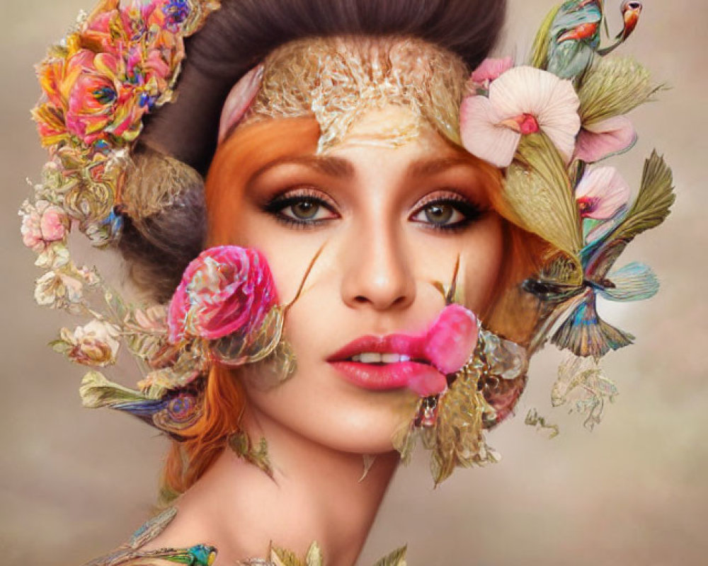 Vibrant surreal portrait of woman with flowers, feathers, birds, tattoos, and golden eye-p