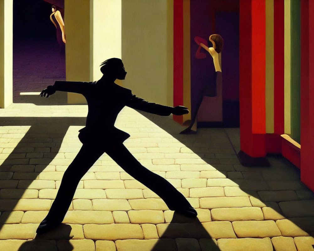 Stylized painting of silhouetted figure walking with stretched arms and colorful columns.