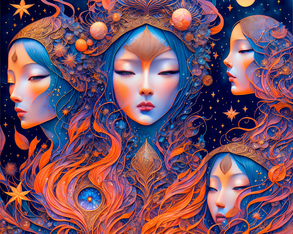 Colorful Cosmic Digital Artwork: Stylized Female Faces with Celestial Bodies and Patterns on Star