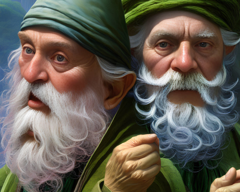 Elderly wizards with pointed hats and long beards in green and turquoise attire