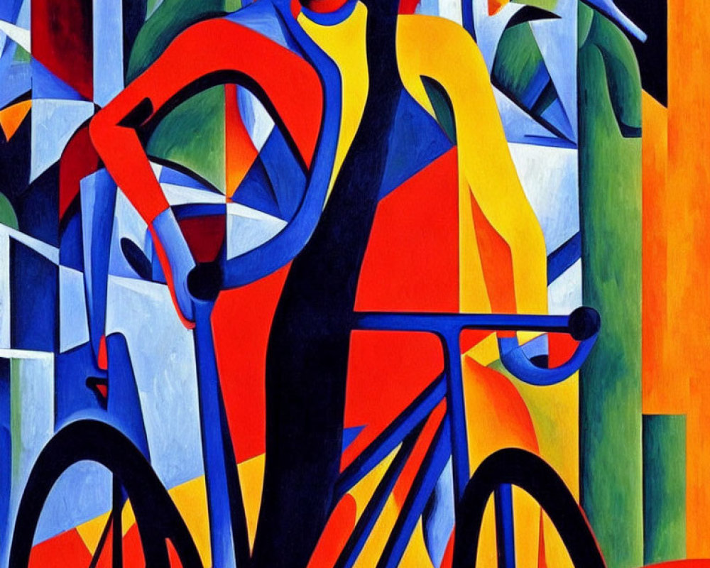 Colorful Cubist Painting of Figure with Bicycle in Geometric Shapes