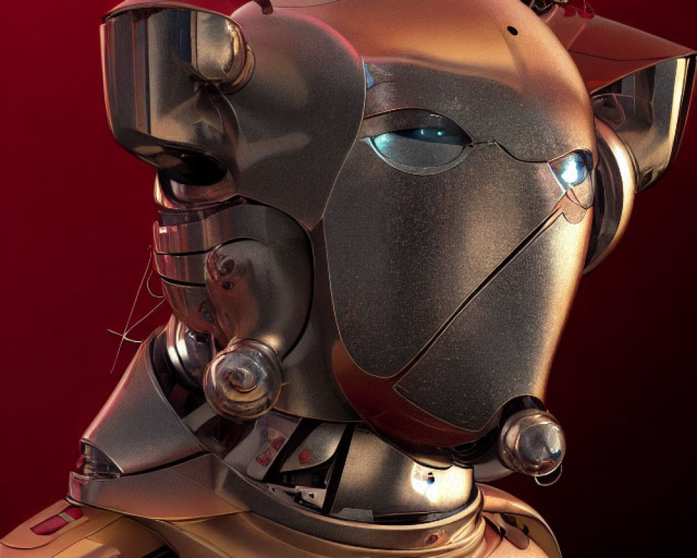 Golden humanoid robot head with intricate details on red background