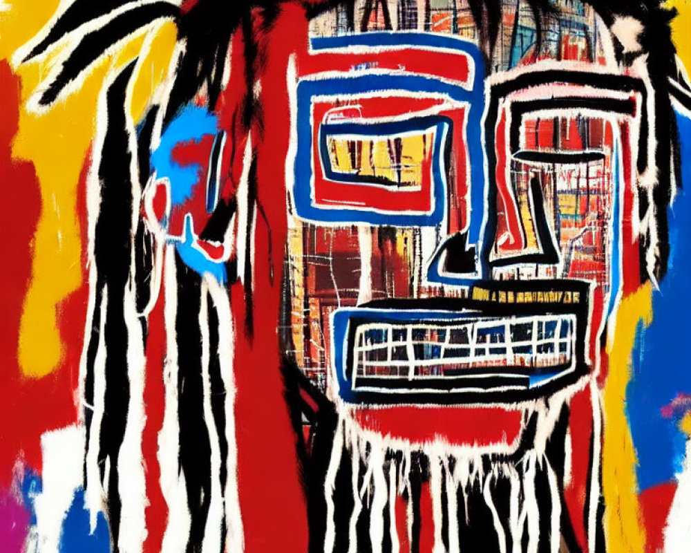 Colorful abstract painting: mask-like face with headdress on textured background